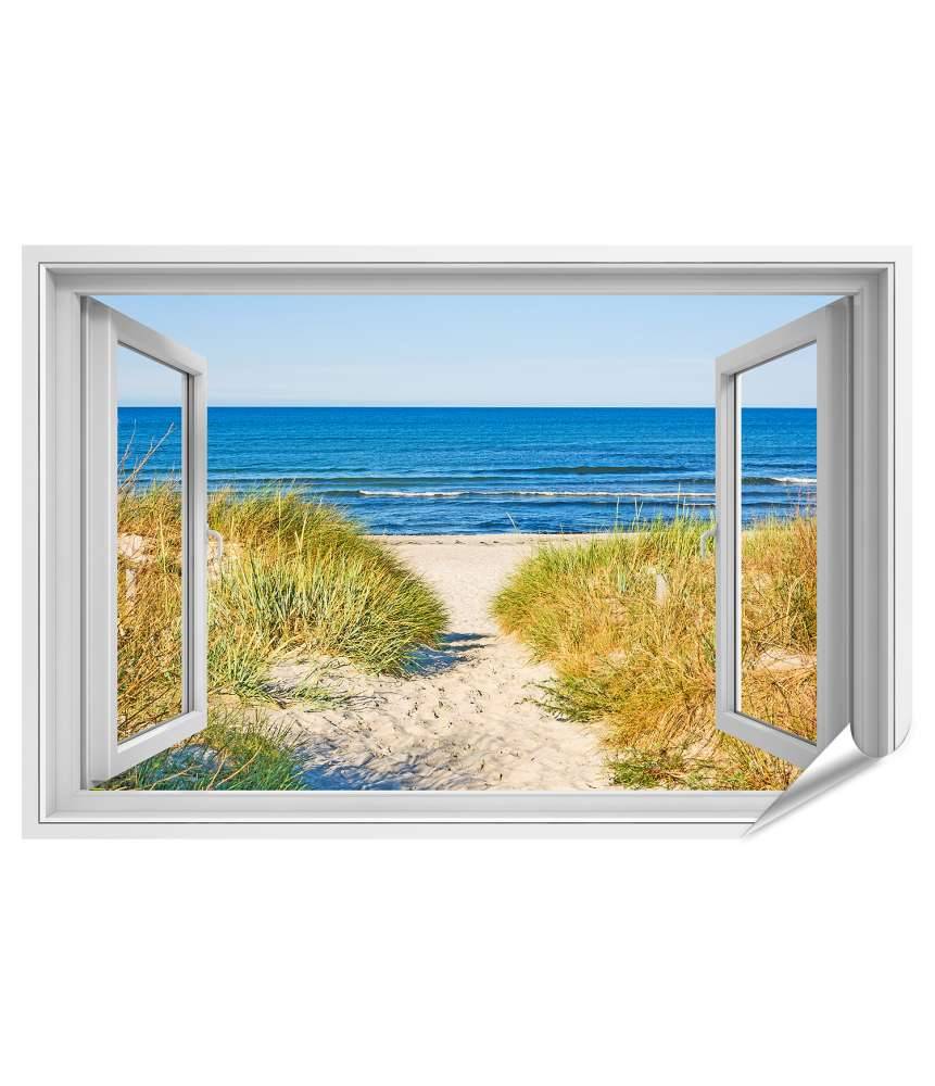 Islandburner Premium Poster Blick durchs Fenster auf den Strandweg zur Ostsee, umgeben von Marramgras Bis zu 55% Rabatt