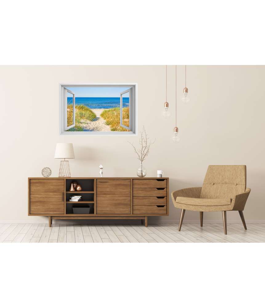 Islandburner Premium Poster Blick durchs Fenster auf den Strandweg zur Ostsee, umgeben von Marramgras Bis zu 55% Rabatt