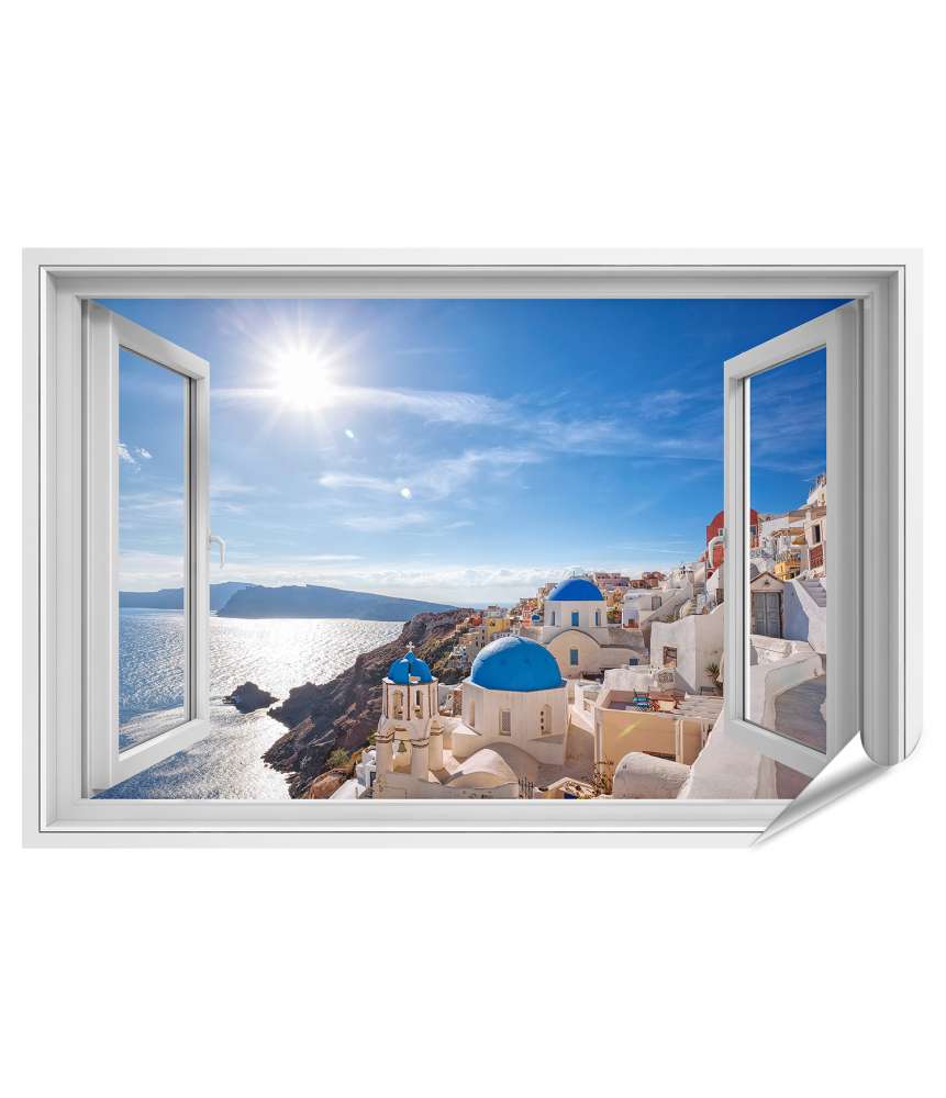 Islandburner Premium Poster Blick auf das malerische Dorf Oia auf Santorin, Griechenland, durch ein Fenster Discount Store für neue Produkte