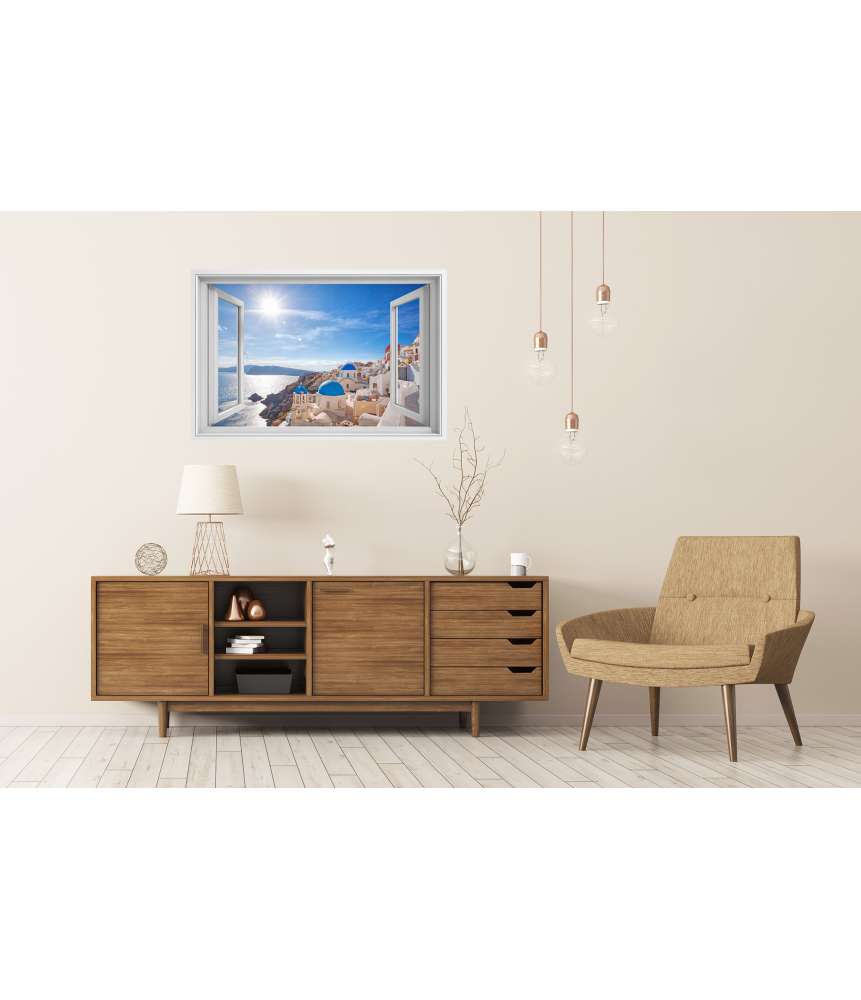 Islandburner Premium Poster Blick auf das malerische Dorf Oia auf Santorin, Griechenland, durch ein Fenster Discount Store für neue Produkte