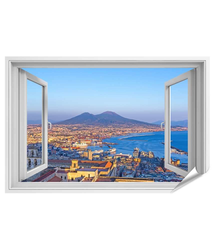 Islandburner Premium Poster Blick auf Neapel und Vesuv durch Fenster - Wandbild Nur noch ein Tag übrig