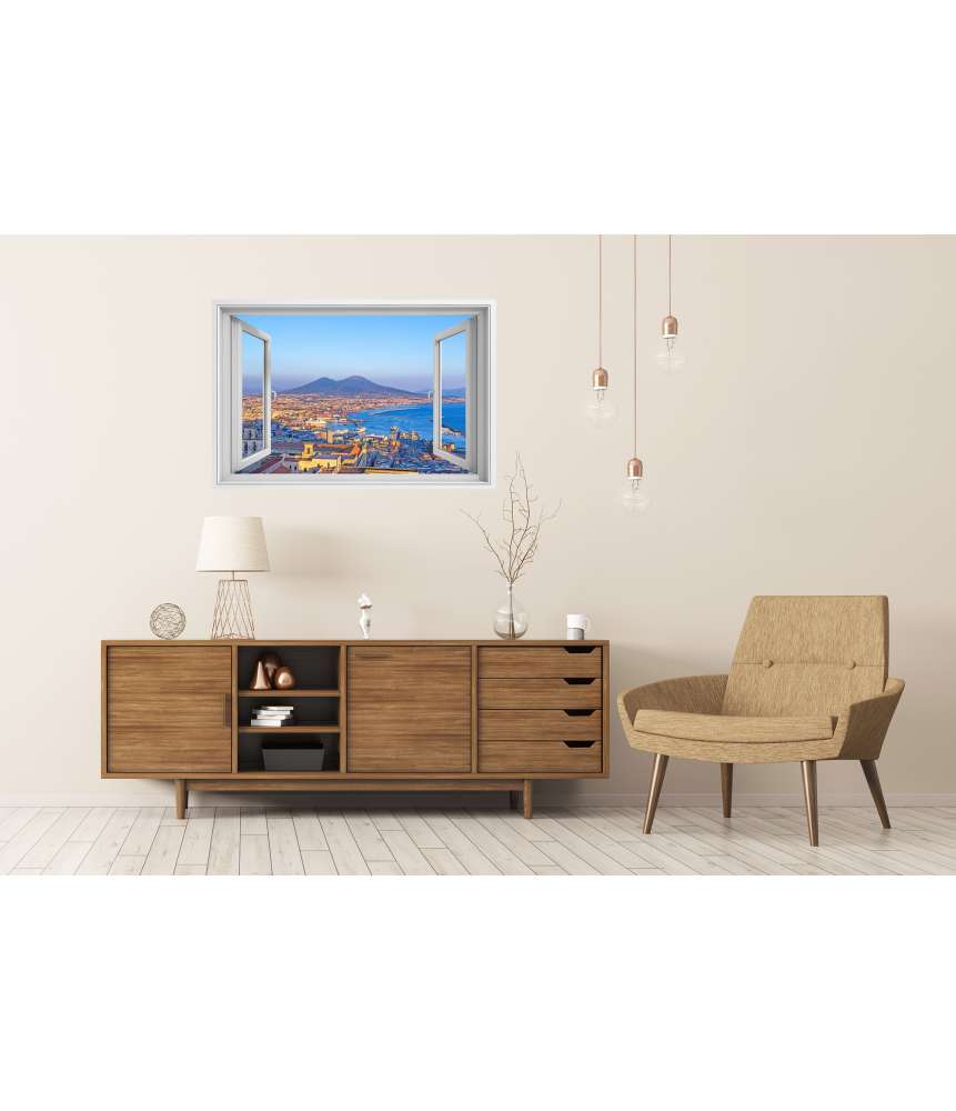 Islandburner Premium Poster Blick auf Neapel und Vesuv durch Fenster - Wandbild Nur noch ein Tag übrig