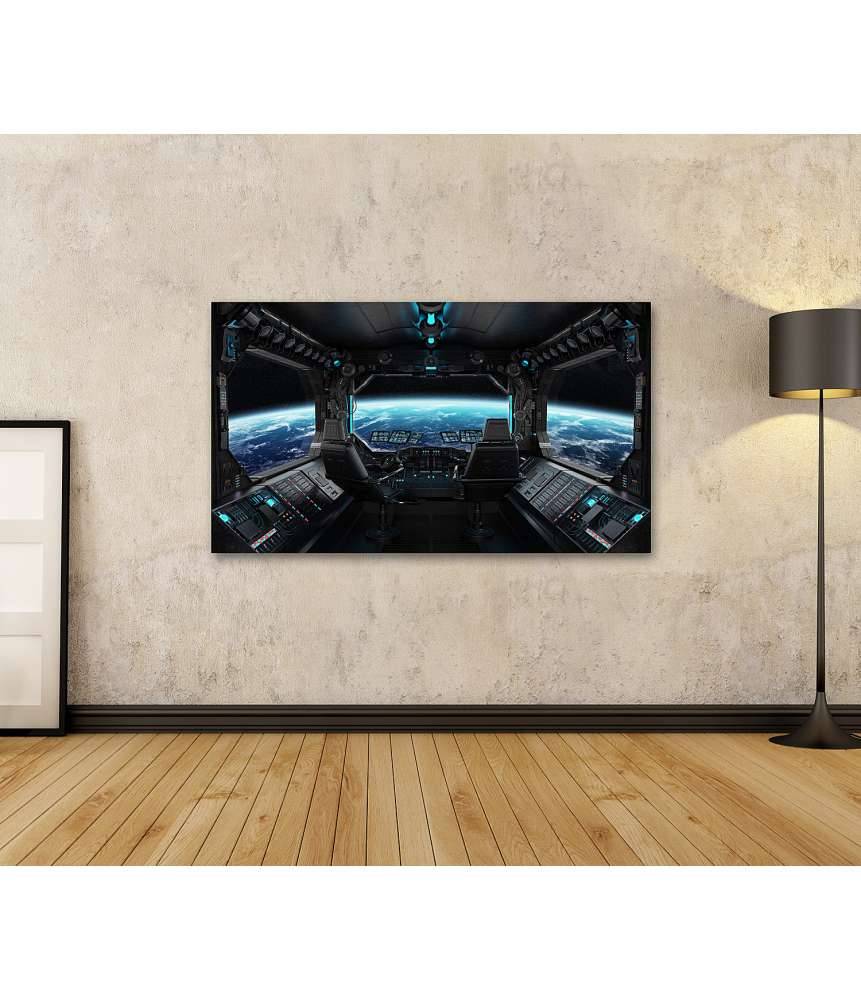 Islandburner Bild auf Leinwand Grunge-Stil Raumschiff-Innenansicht mit Blick auf Planet Erde Valentinstagsangebot