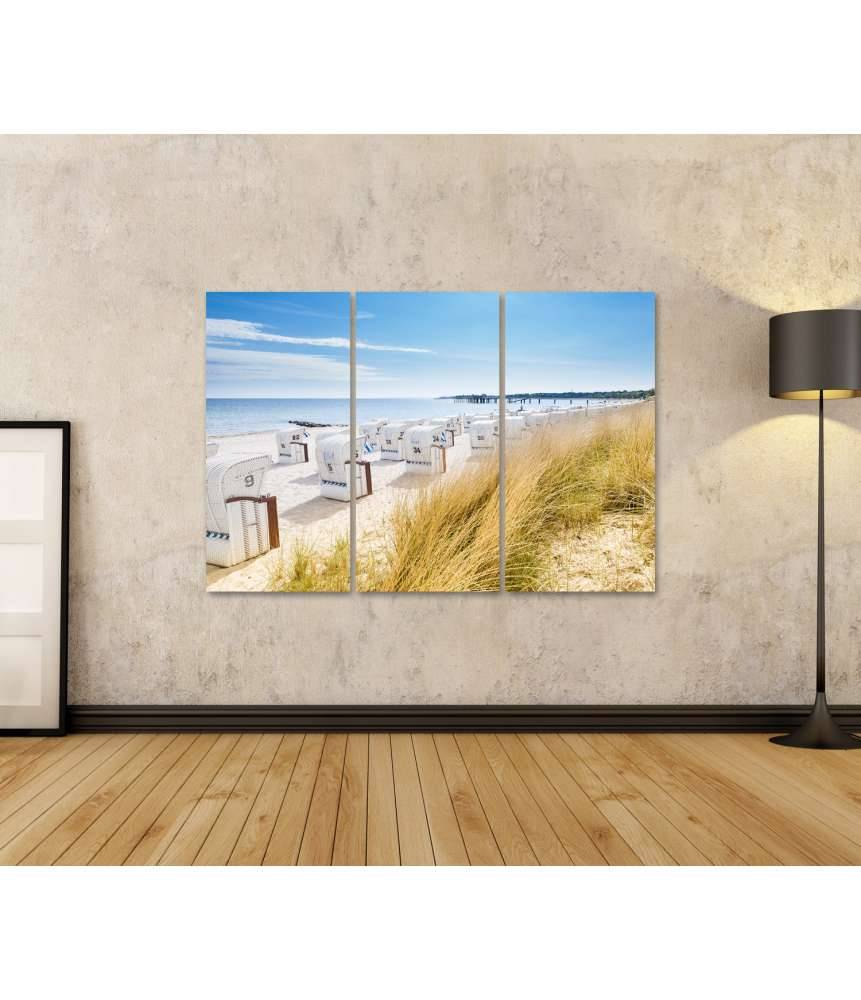 Islandburner Bild auf Leinwand Panoramablick von einer Düne auf Strandkörbe am Nordsee-Ostsee Strand 50% Rabatt für begrenzte Zeit