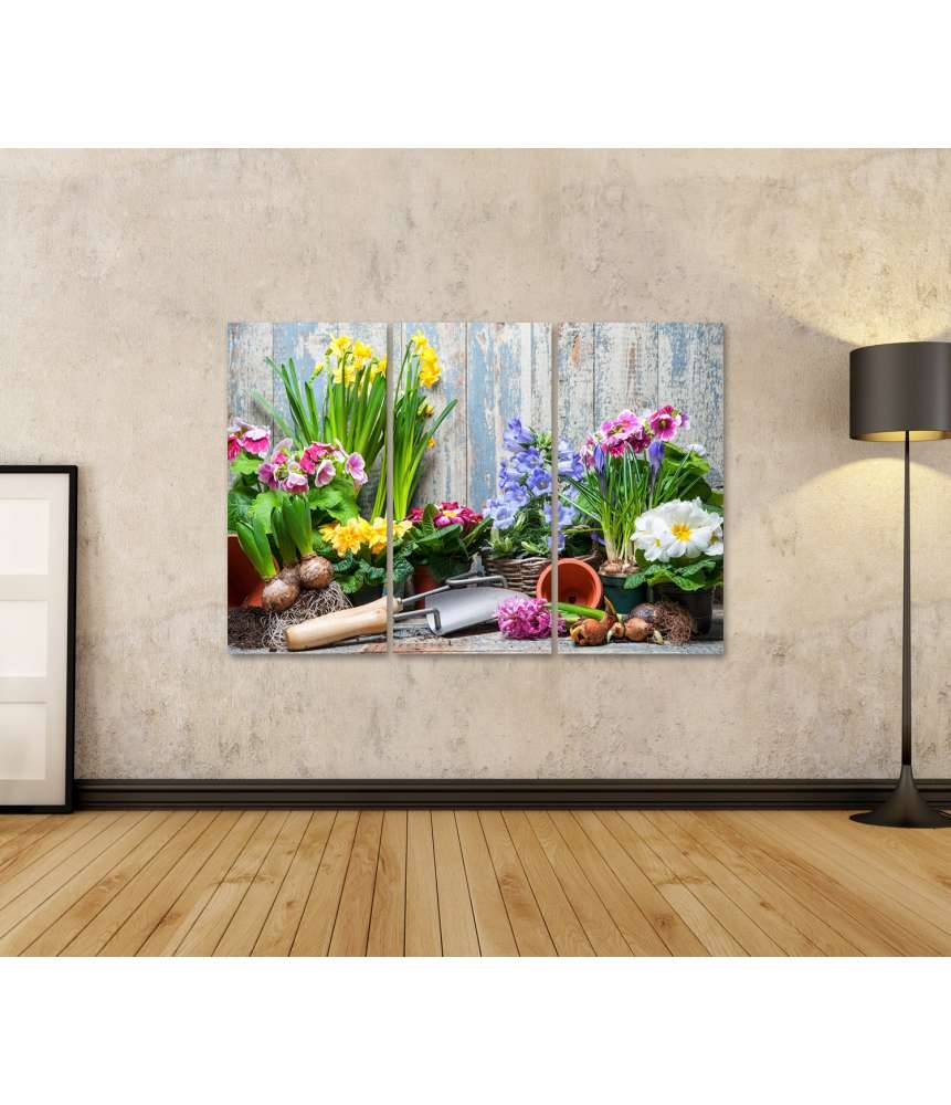 Islandburner Bild auf Leinwand Buntes Wandbild von Garten mit Frühlingsblumen für Hobbygärtner Auslauf