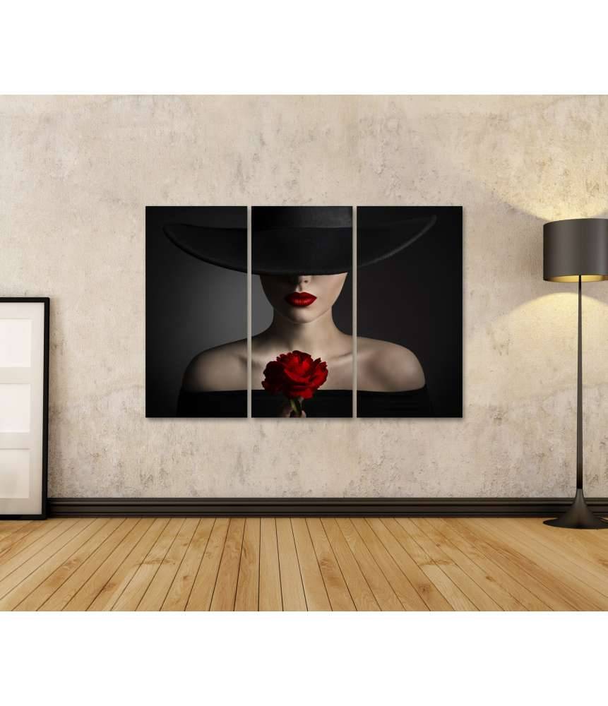 Islandburner Bild auf Leinwand Frau mit roten Rosenlippen und schwarzem Modenhut strahlt Schönheit aus Sonderangebot