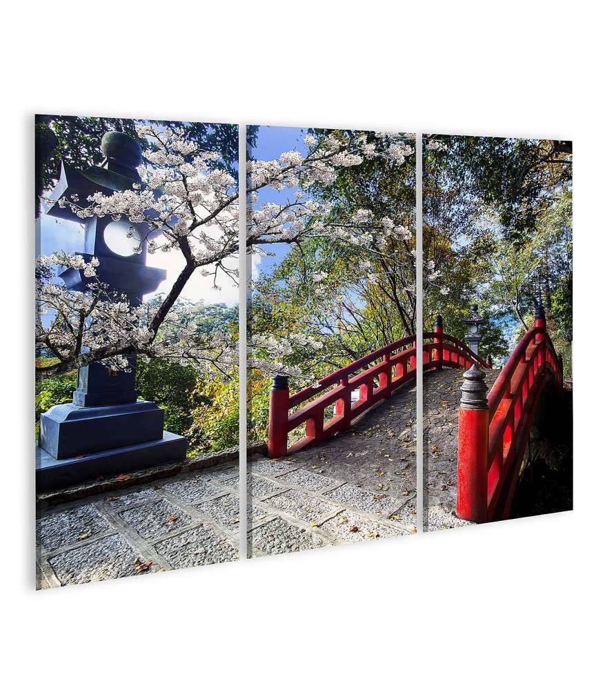 Islandburner Bild auf Leinwand Sakura-Blüten am japanischen Tempel mit roter Brücke Großer Ausverkauf