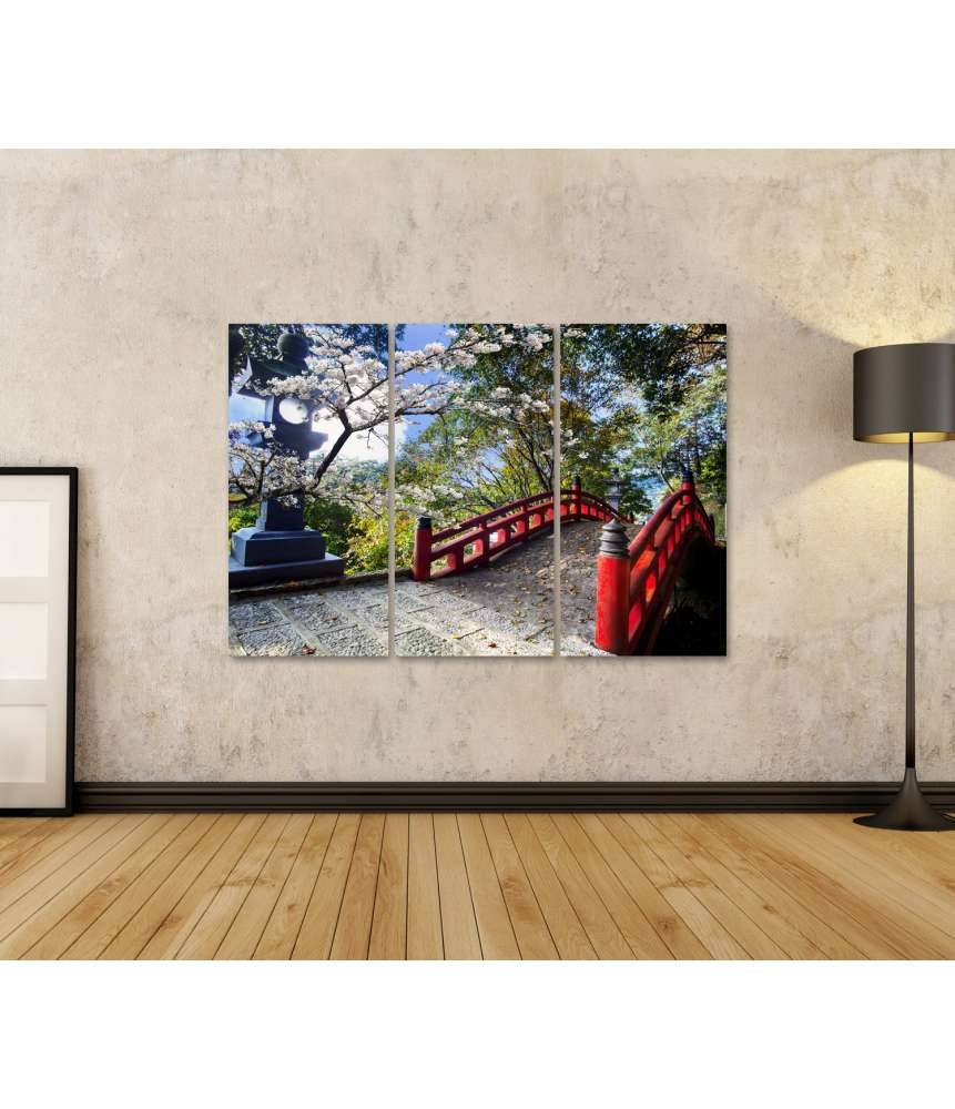 Islandburner Bild auf Leinwand Sakura-Blüten am japanischen Tempel mit roter Brücke Großer Ausverkauf