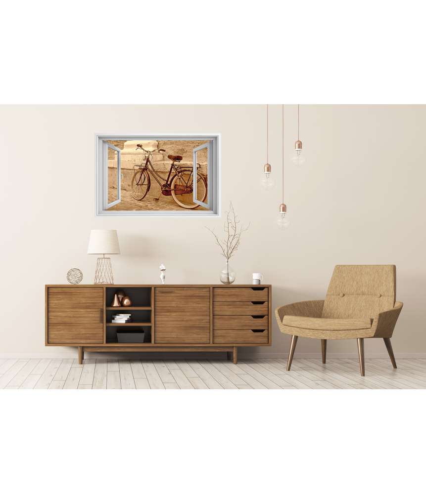 Islandburner XXL Premium Poster Blick durchs Fenster auf einen an die Wand gelehnten Oldtimer-Fahrrad Heißer Verkauf