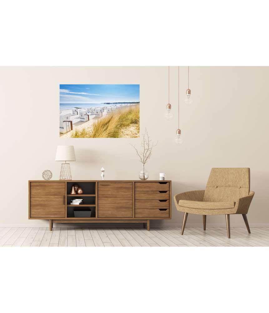 Islandburner XXL Premium Poster Panoramablick von einer Düne auf Strandkörbe am Nordsee-Ostsee Strand Bestseller