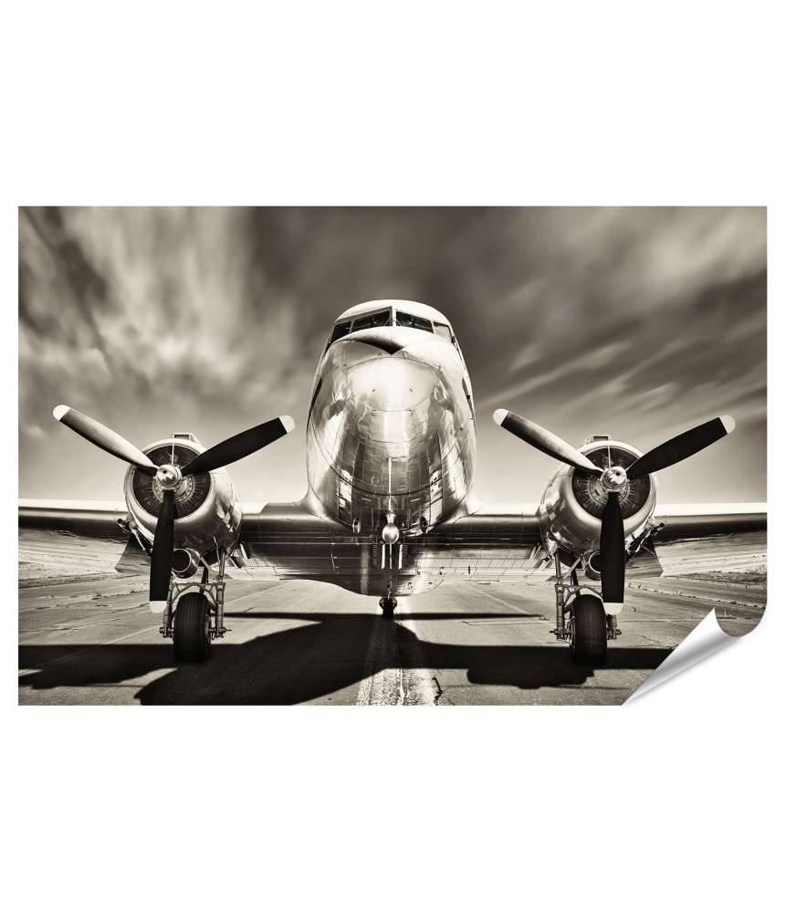 Islandburner XXL Premium Poster Monochromes Retro-Wandbild eines Propellerflugzeugs Kostenlose Rückgabe