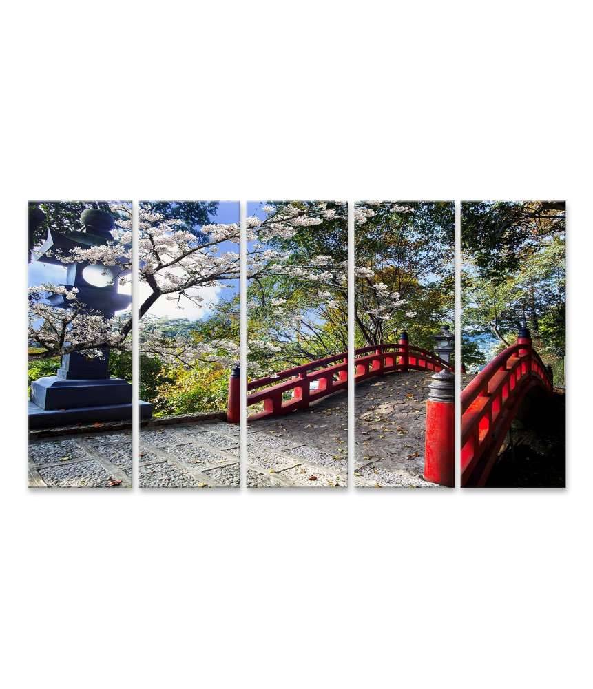 Islandburner Bild auf Leinwand Sakura-Blüten am japanischen Tempel mit roter Brücke Sonderangebot der Fabrik