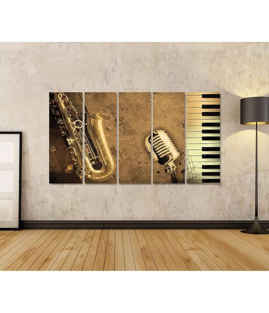 Islandburner Bild auf Leinwand Sepia-Ton Wandbild mit Klavier, Saxophon und Musiknoten Black Friday Preise