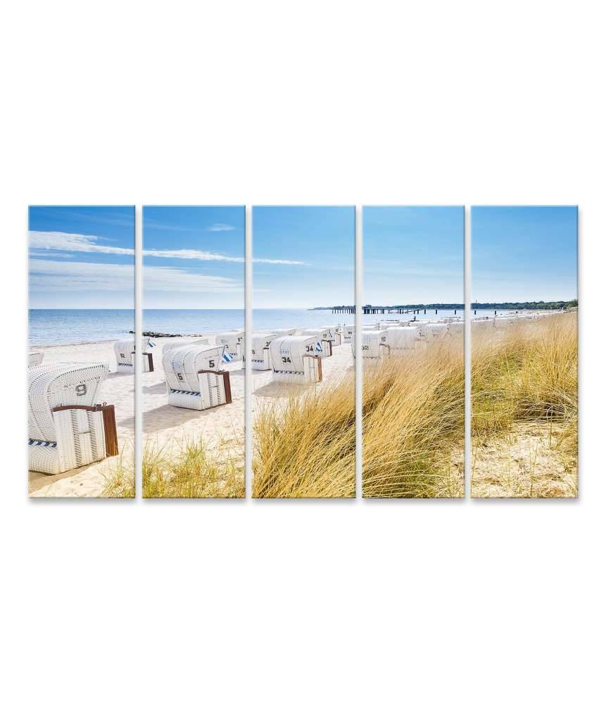 Islandburner Bild auf Leinwand Panoramablick von einer Düne auf Strandkörbe am Nordsee-Ostsee Strand