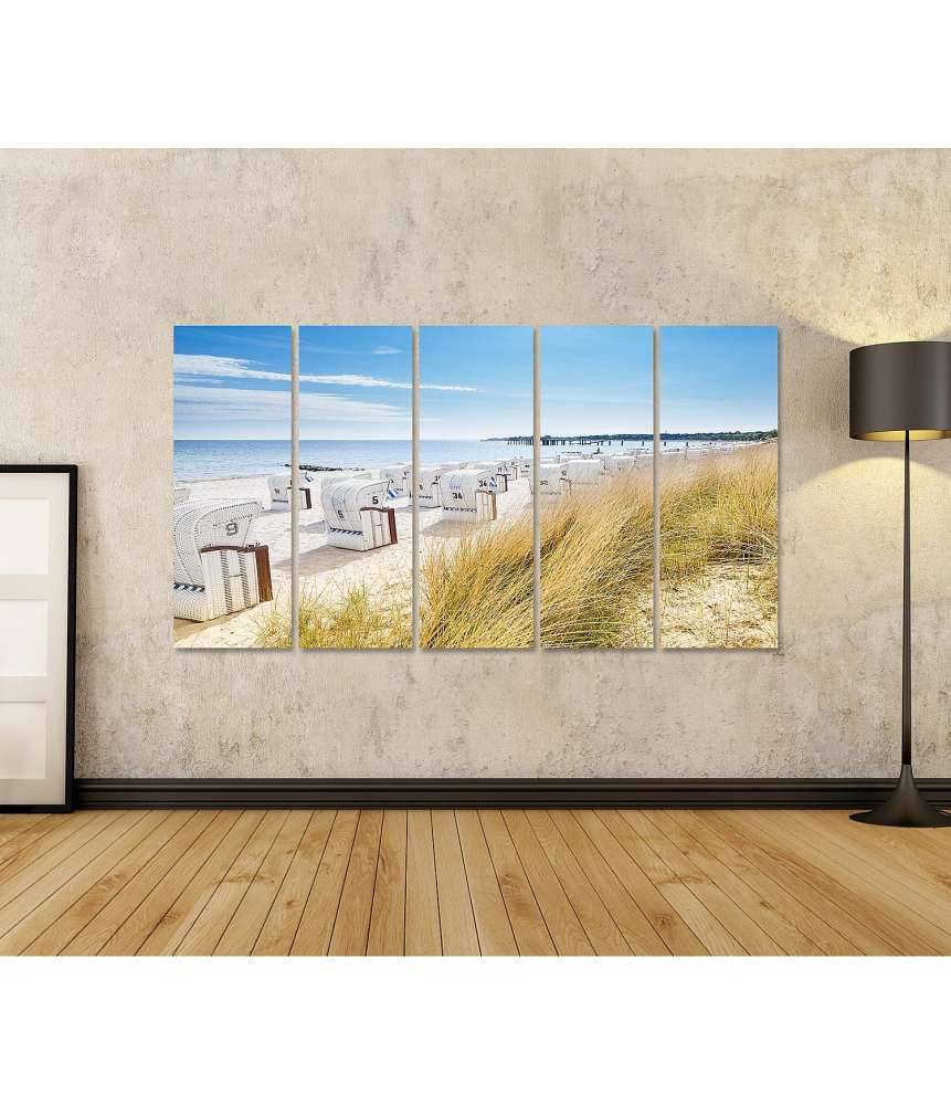 Islandburner Bild auf Leinwand Panoramablick von einer Düne auf Strandkörbe am Nordsee-Ostsee Strand Im Verkauf