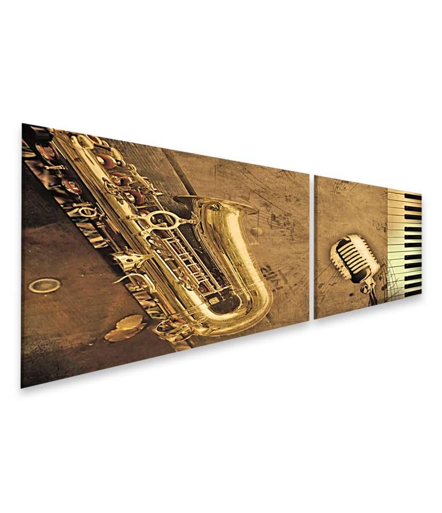 Islandburner Bild auf Leinwand Sepia-Ton Wandbild mit Klavier, Saxophon und Musiknoten im Angebot