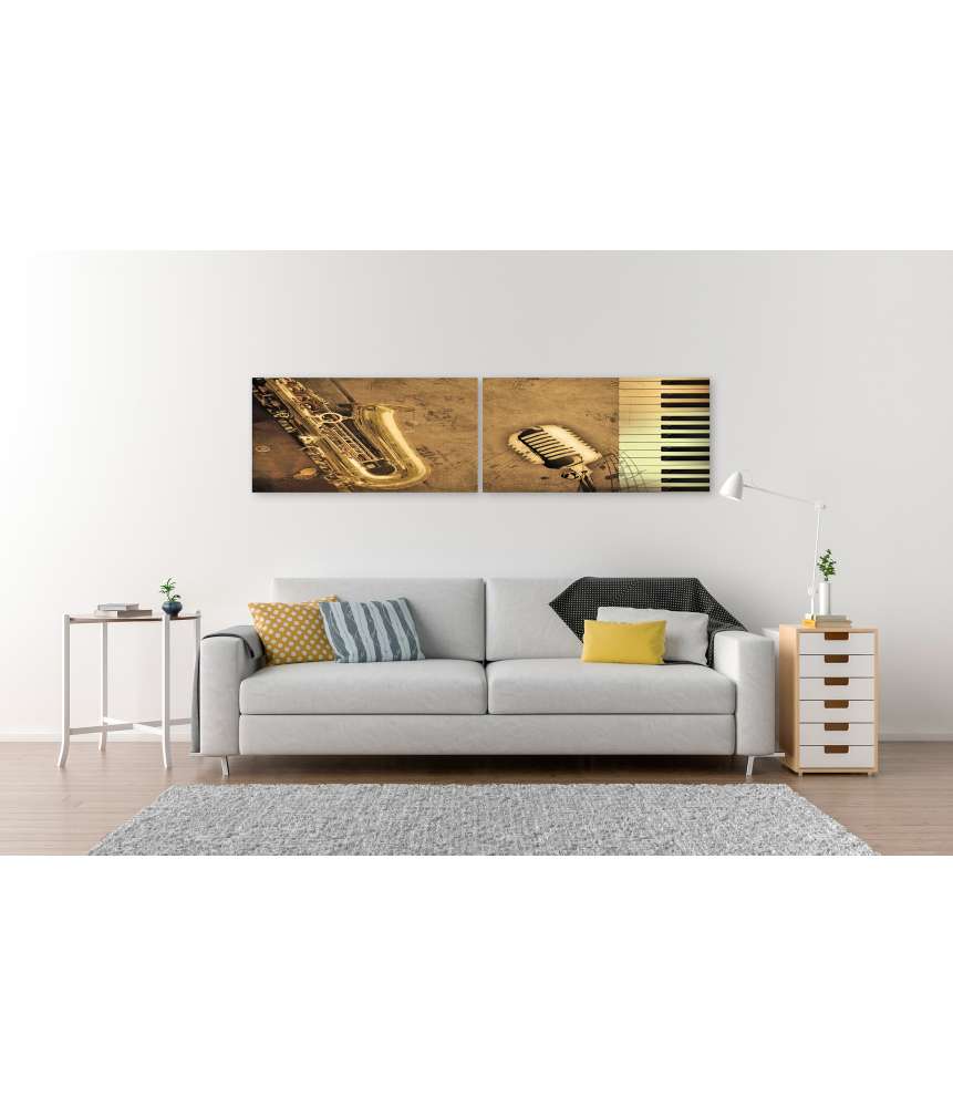 Islandburner Bild auf Leinwand Sepia-Ton Wandbild mit Klavier, Saxophon und Musiknoten im Angebot