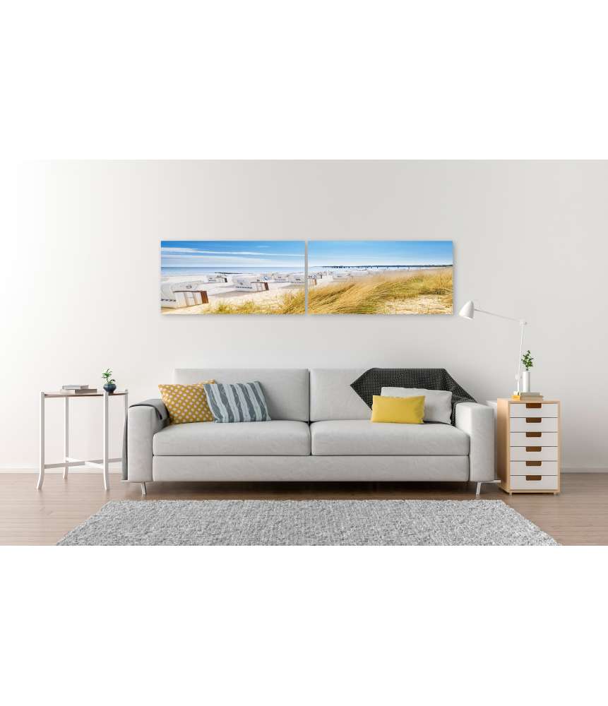 Islandburner Bild auf Leinwand Panoramablick von einer Düne auf Strandkörbe am Nordsee-Ostsee Strand Schlussverkauf
