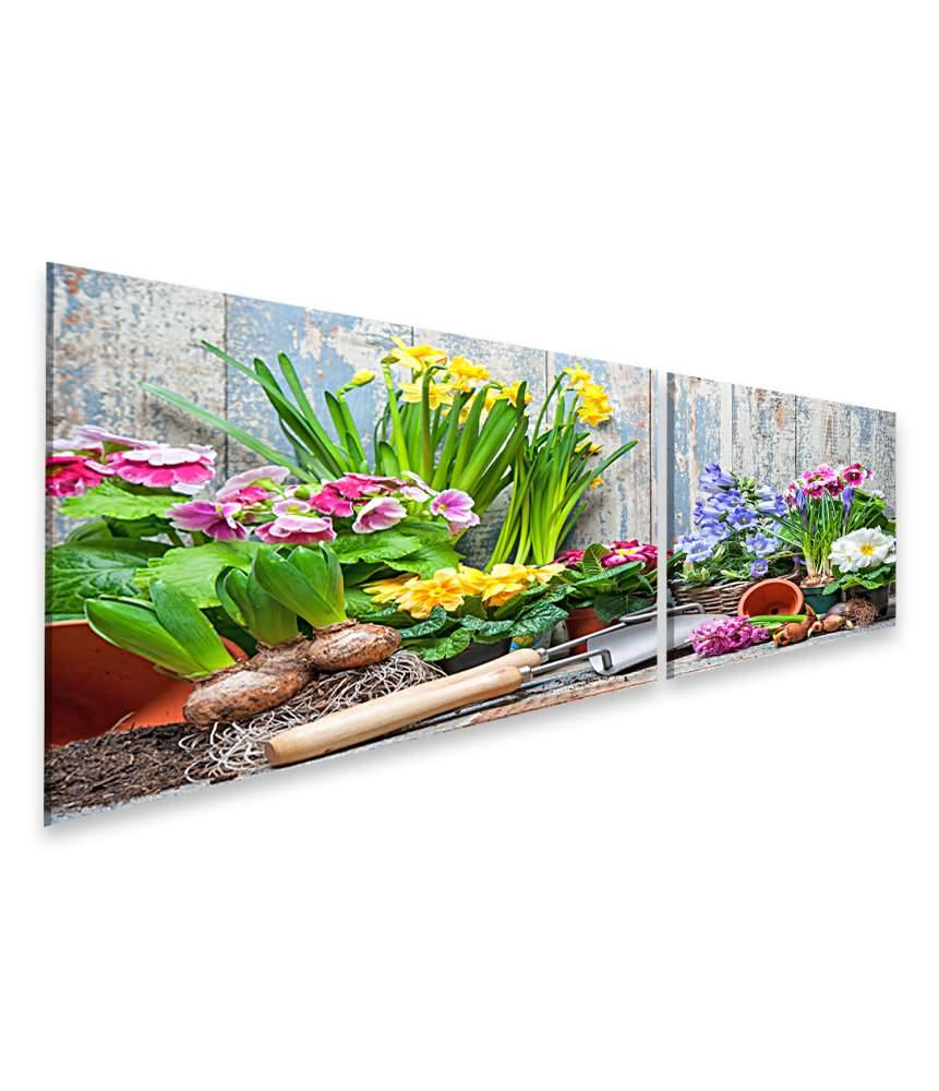 Islandburner Bild auf Leinwand Buntes Wandbild von Garten mit Frühlingsblumen für Hobbygärtner Kostenloser Versand