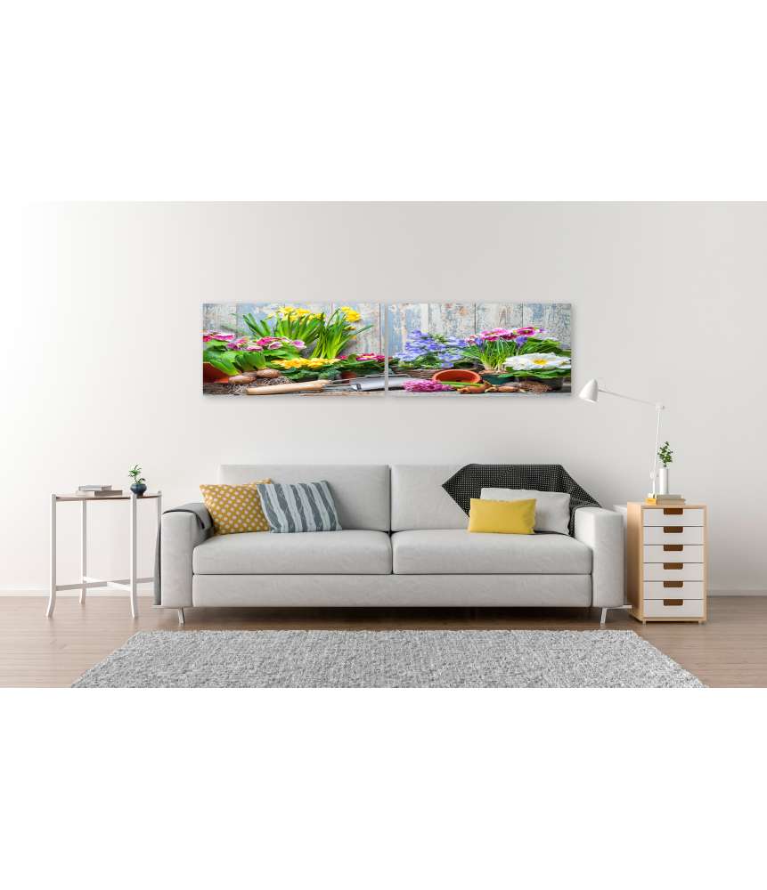 Islandburner Bild auf Leinwand Buntes Wandbild von Garten mit Frühlingsblumen für Hobbygärtner Kostenloser Versand