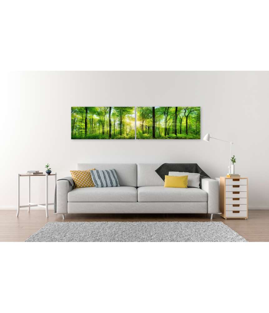 Islandburner Bild auf Leinwand Panoramabild eines frischgrünen Waldes mit Sonnenstrahlen durch Laubbäume Fabrik Onlineshop
