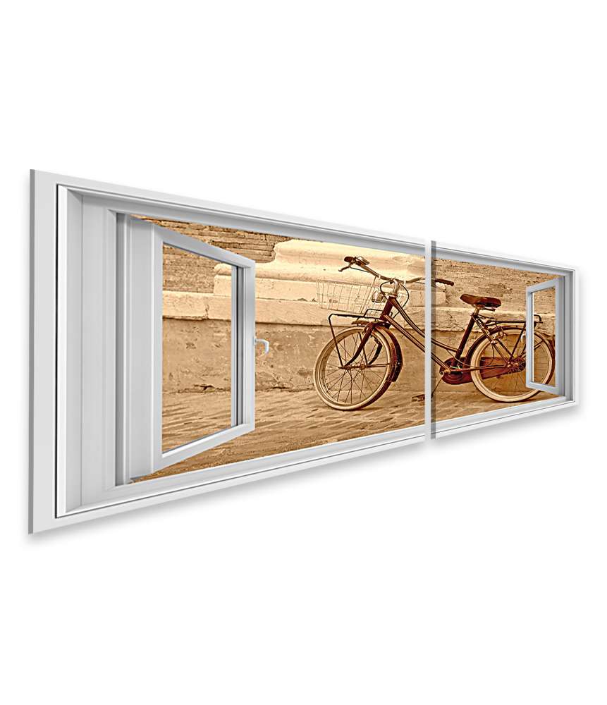 Islandburner Bild auf Leinwand Blick durchs Fenster auf einen an die Wand gelehnten Oldtimer-Fahrrad Begrenztes Angebot