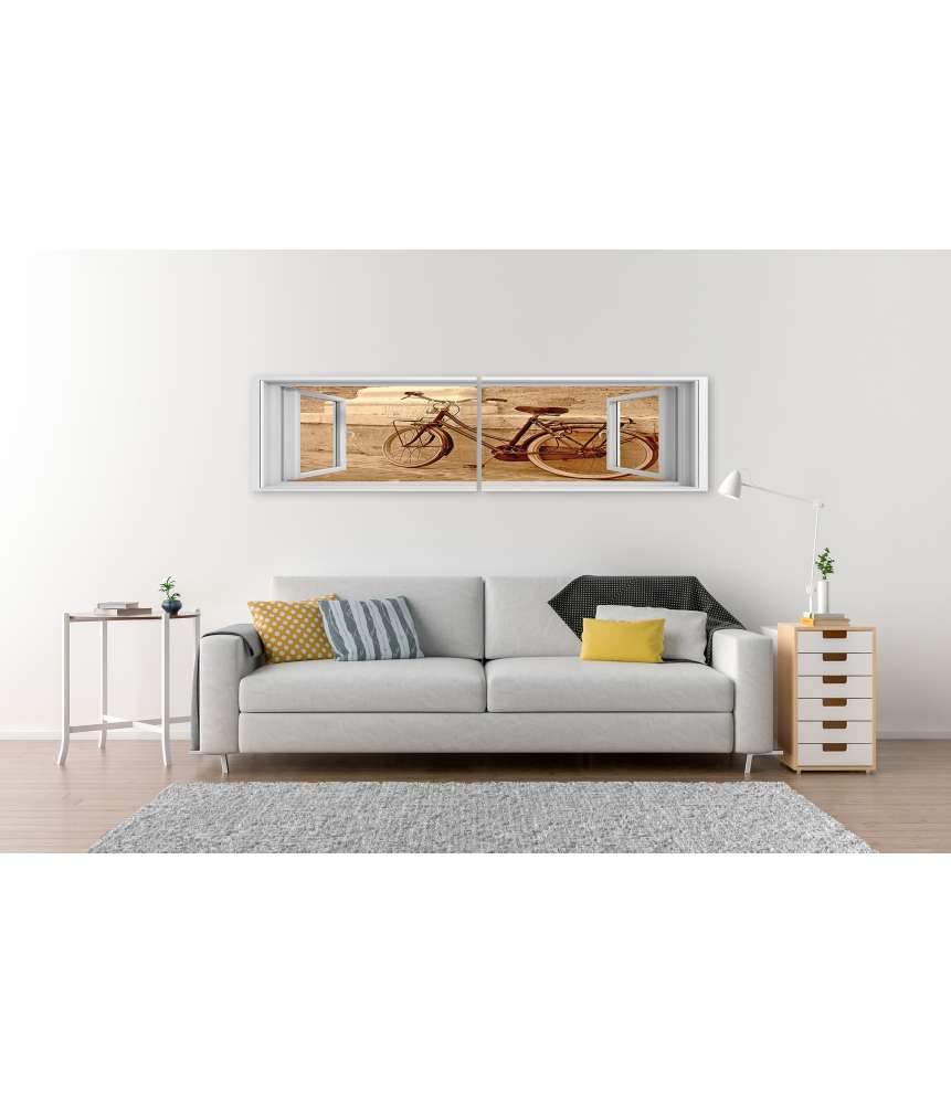 Islandburner Bild auf Leinwand Blick durchs Fenster auf einen an die Wand gelehnten Oldtimer-Fahrrad Begrenztes Angebot