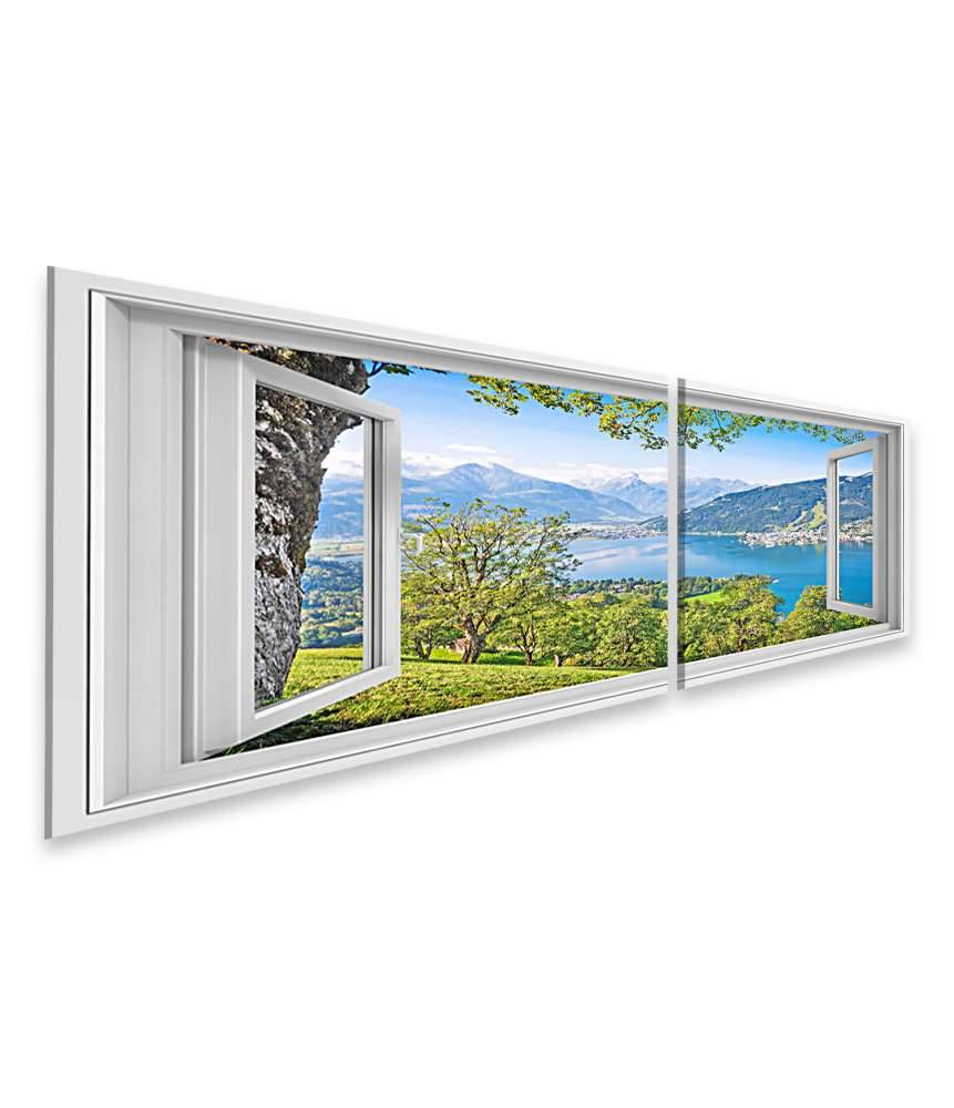Islandburner Bild auf Leinwand Panoramablick auf prächtige Alpenlandschaft durch ein Fenster-Wandbild Preisnachlass