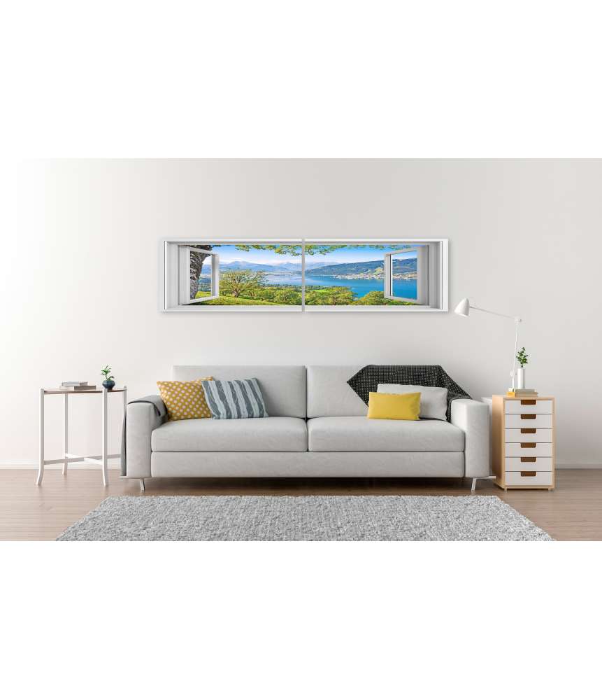 Islandburner Bild auf Leinwand Panoramablick auf prächtige Alpenlandschaft durch ein Fenster-Wandbild Preisnachlass