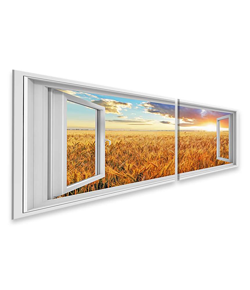 Islandburner Bild auf Leinwand Blick durchs Fenster auf einen atemberaubenden Sonnenuntergang über Weizenfeld Saisonschlussverkauf