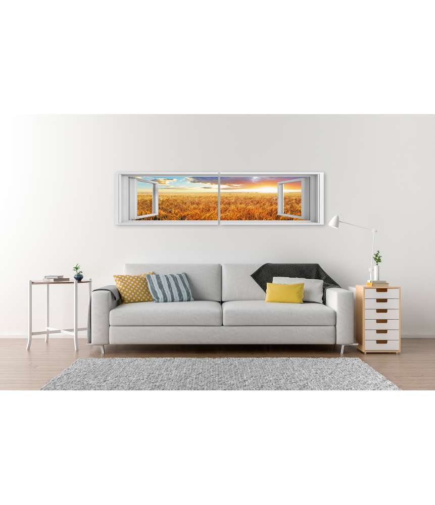 Islandburner Bild auf Leinwand Blick durchs Fenster auf einen atemberaubenden Sonnenuntergang über Weizenfeld Saisonschlussverkauf