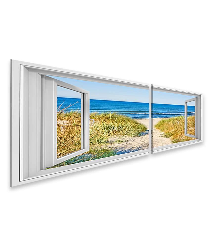 Islandburner Bild auf Leinwand Blick durchs Fenster auf den Strandweg zur Ostsee, umgeben von Marramgras Cyber Monday