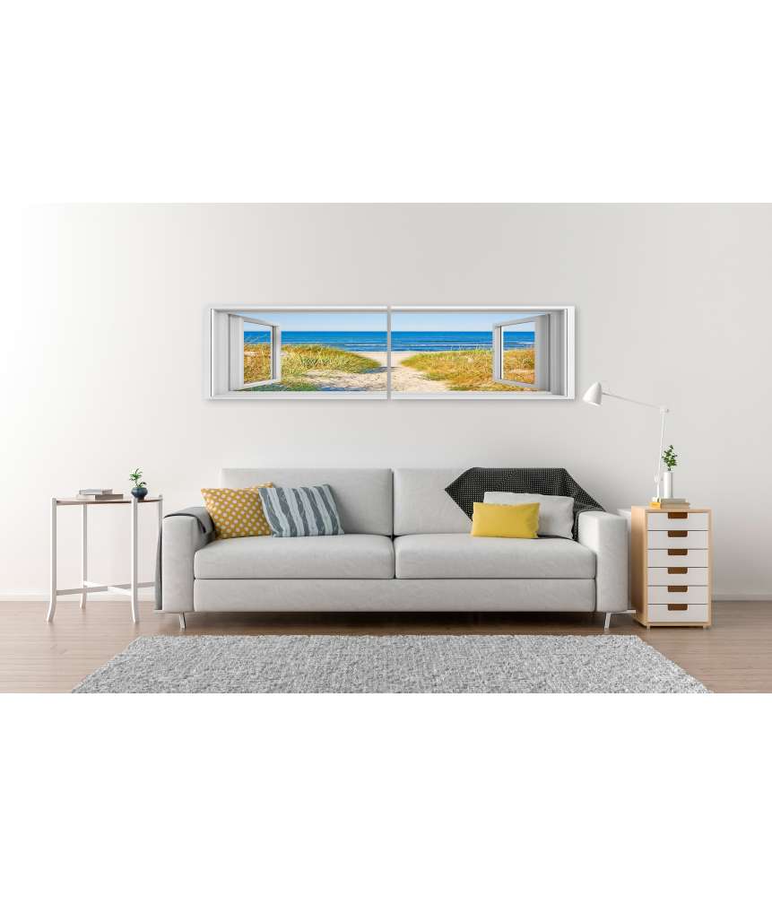 Islandburner Bild auf Leinwand Blick durchs Fenster auf den Strandweg zur Ostsee, umgeben von Marramgras Cyber Monday
