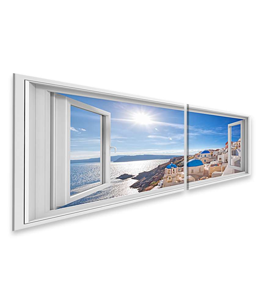 Islandburner Bild auf Leinwand Blick auf das malerische Dorf Oia auf Santorin, Griechenland, durch ein Fenster Weihnachtsangebot