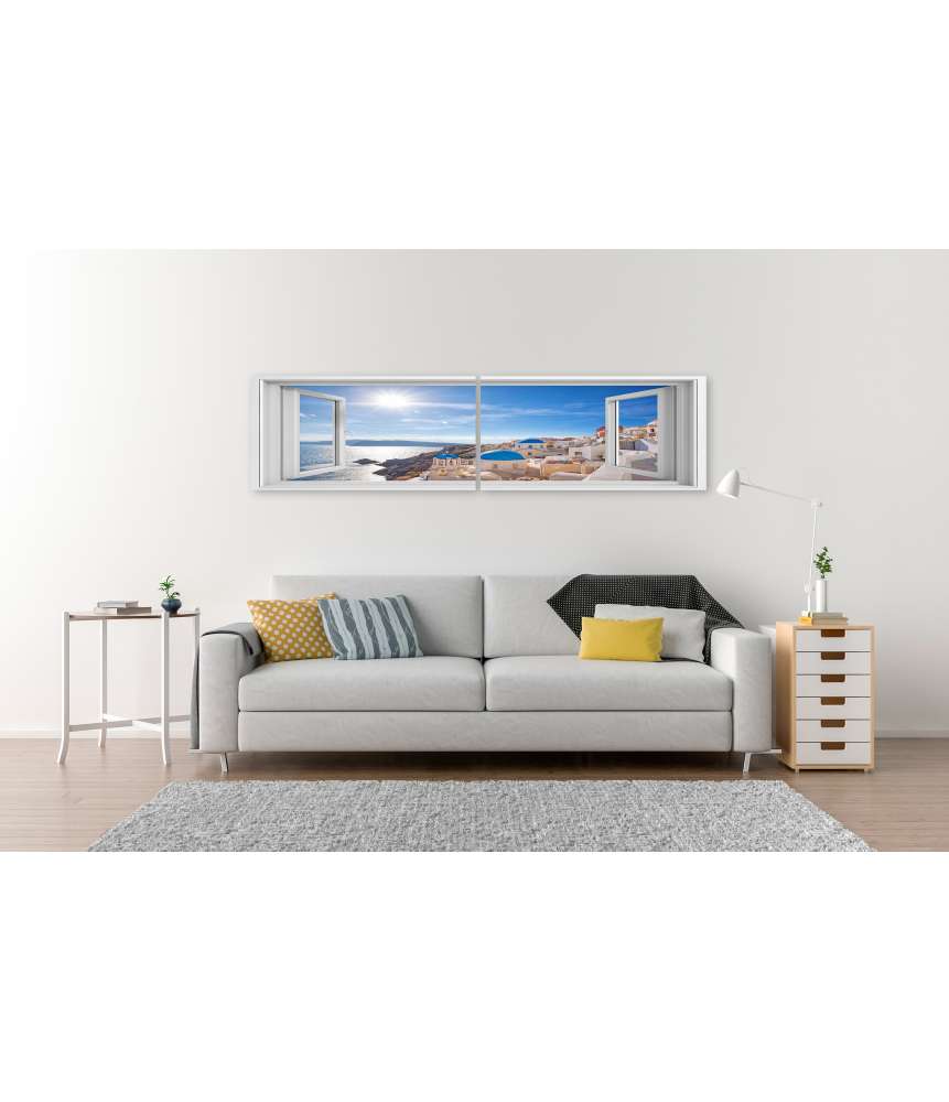 Islandburner Bild auf Leinwand Blick auf das malerische Dorf Oia auf Santorin, Griechenland, durch ein Fenster Weihnachtsangebot