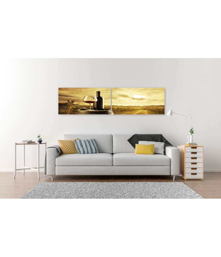 Islandburner Bild auf Leinwand Rotweinflasche und Weinglas auf einem Weinfass dargestellt Valentinstagsangebot