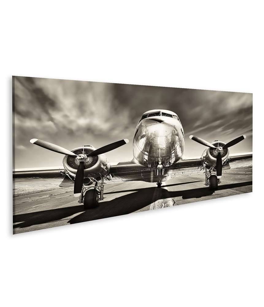 Islandburner Bild auf Leinwand Monochromes Retro-Wandbild eines Propellerflugzeugs