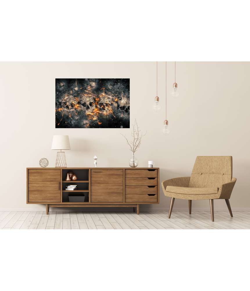 Islandburner Premium Poster Totenkopf vor flammendem Feuerhintergrund als beeindruckendes Wandbild Wochenangebot