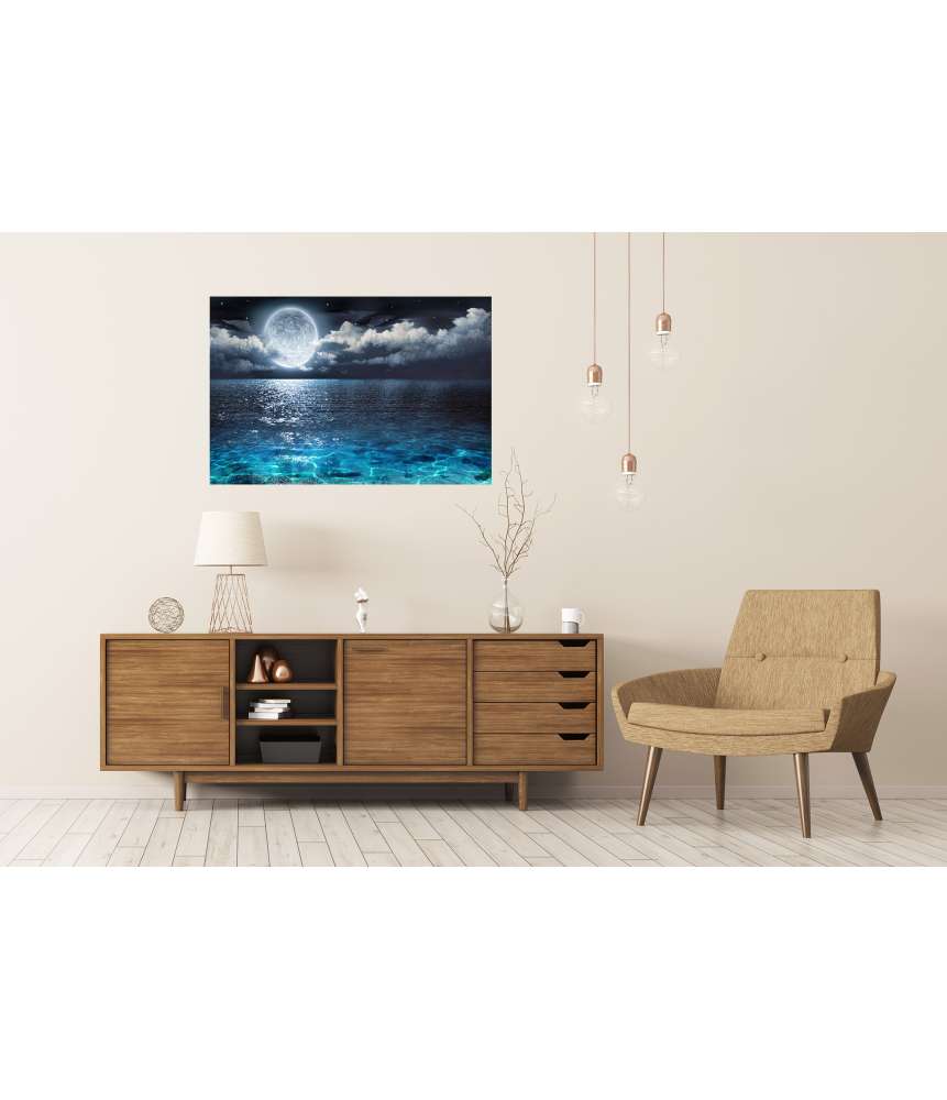 Islandburner Premium Poster Wandbild: Vollmond über dem Meer in einer klaren Nacht Begrenzte Freigabe