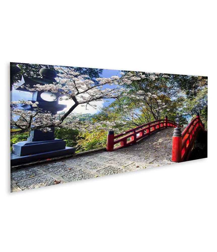 Islandburner Bild auf Leinwand Sakura-Blüten am japanischen Tempel mit roter Brücke Kostenloser Versand international