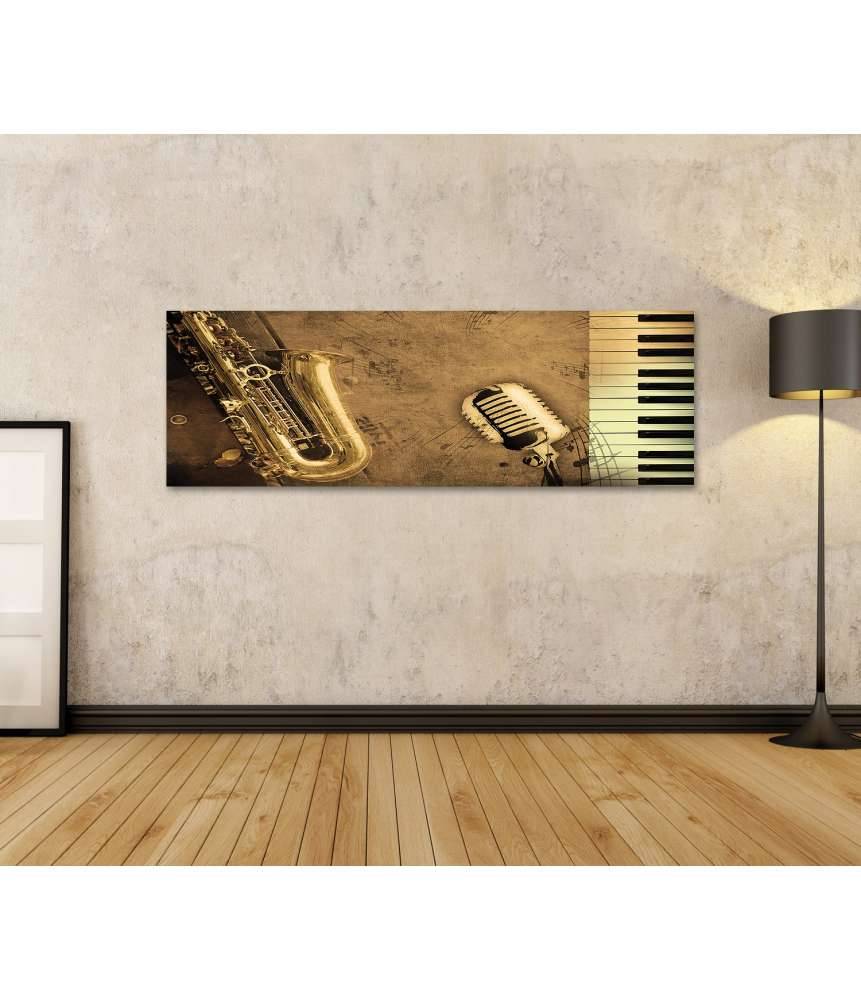 Islandburner Bild auf Leinwand Sepia-Ton Wandbild mit Klavier, Saxophon und Musiknoten Black Friday Preise