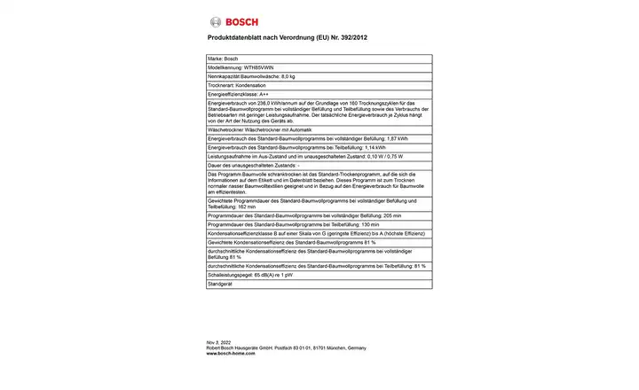 BOSCHWärmepumpentrockner WTH85VWIN Begrenzte Freigabe