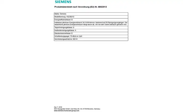 SIEMENSBodenstaubsauger VSZ3B212 Sonderangebot der Fabrik