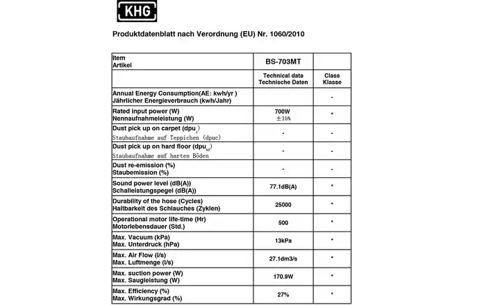 KHGBodenstaubsauger BS-703MT Limitierter Zeitrabatt