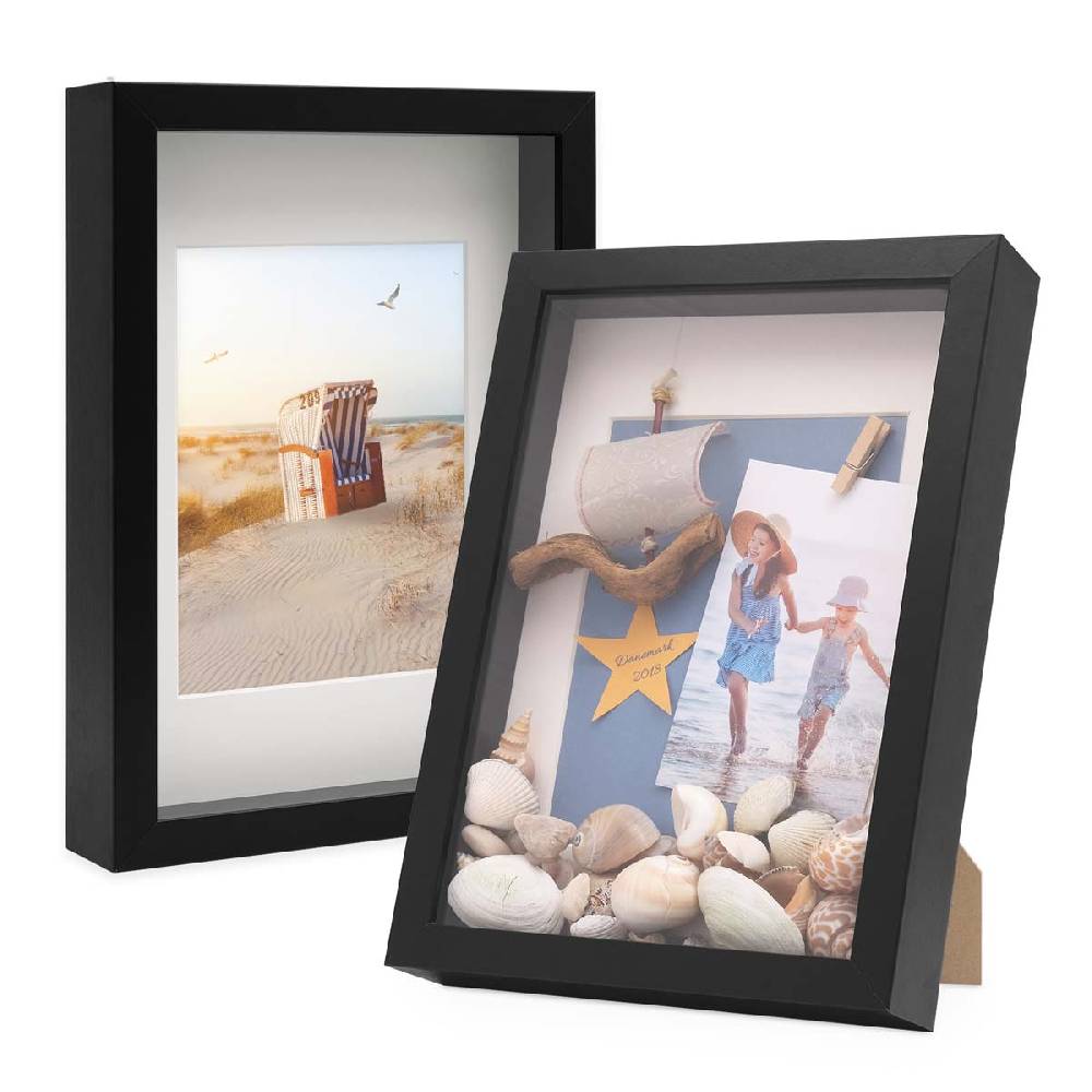 Photolini 2er Set 3D-Bilderrahmen extra tief 21x30 cm / A4 mit Passepartout, Schwarz im Angebot