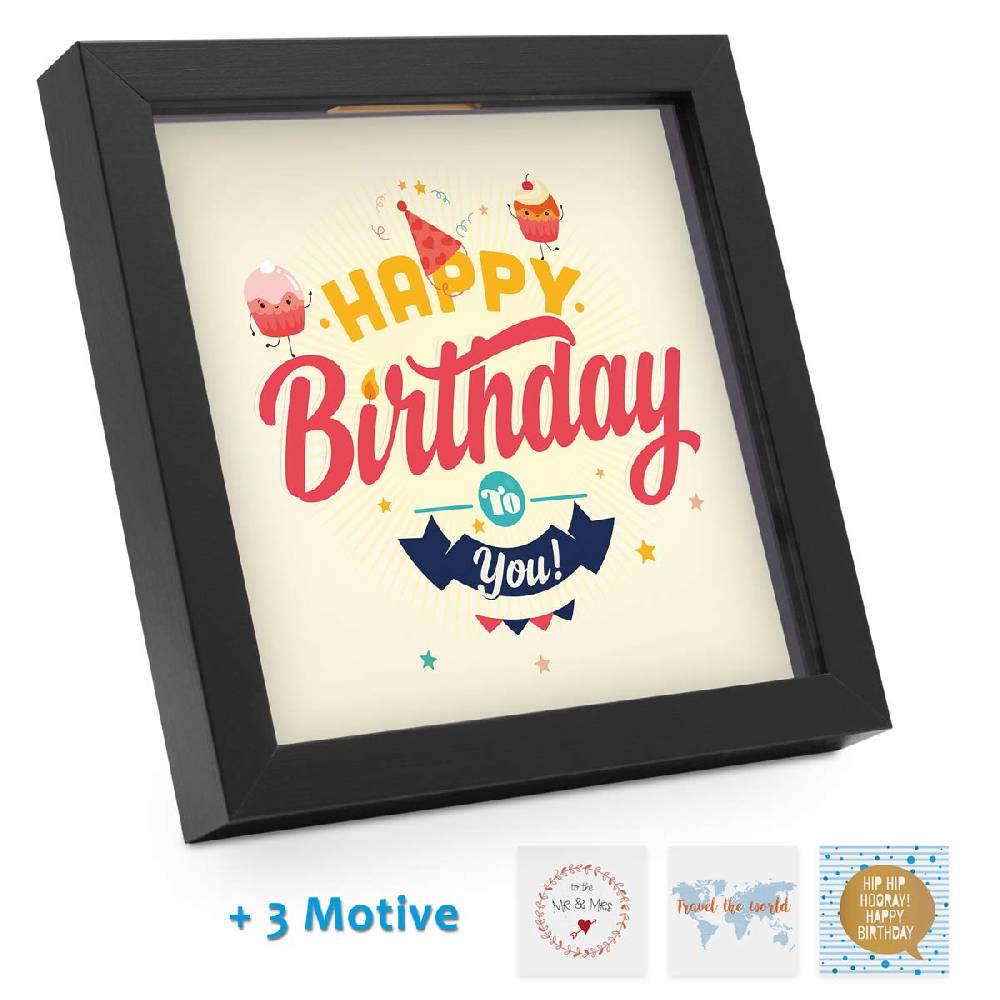 Photolini Bilderrahmen-Spardose Geburtstag Geldgeschenk Schwarz Vier Motive Blitzverkäufe