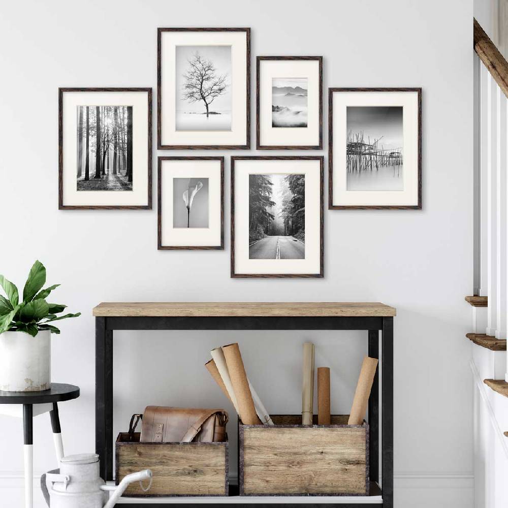 Photolini 6er Bilderrahmen-Set Eiche Dunkel aus MDF 21x30 cm / DIN A4 und 30x40 cm mit Passepartout Lagerräumung