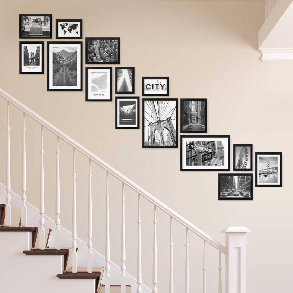 Photolini 15er Bilderwand Treppenhaus - Bilderrahmen-Set Eiche Dunkel aus MDF Online Outlet