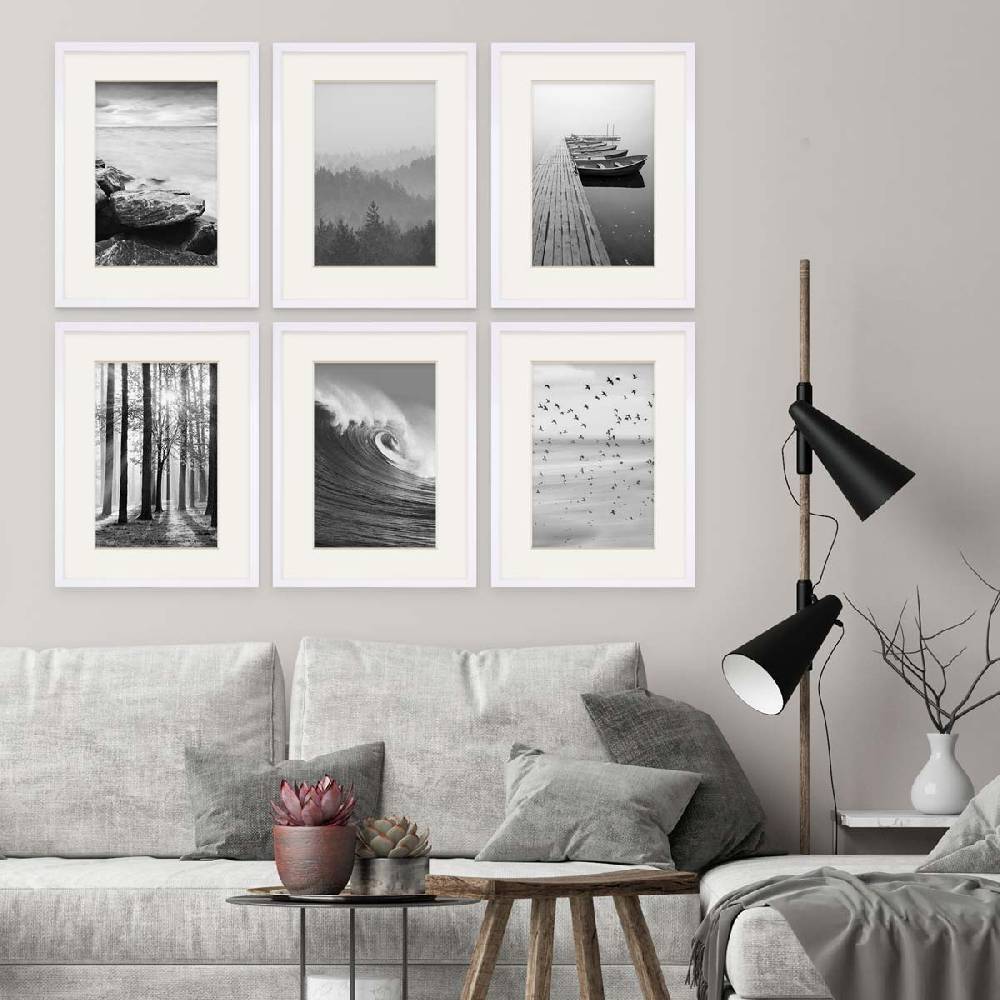Photolini 6er Set Poster-Bilderrahmen 30x40 cm Modern Weiß MDF mit Passepartout Riesige Ersparnisse