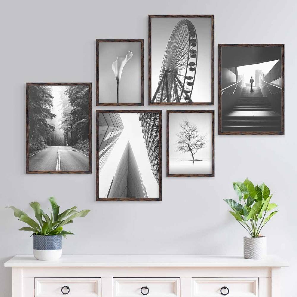 Photolini 6 Bilderrahmen Eiche Dunkel 4x 30x42 und 2x 21x30 cm / DIN A4 MDF mit Acrylglas Neueste Stile